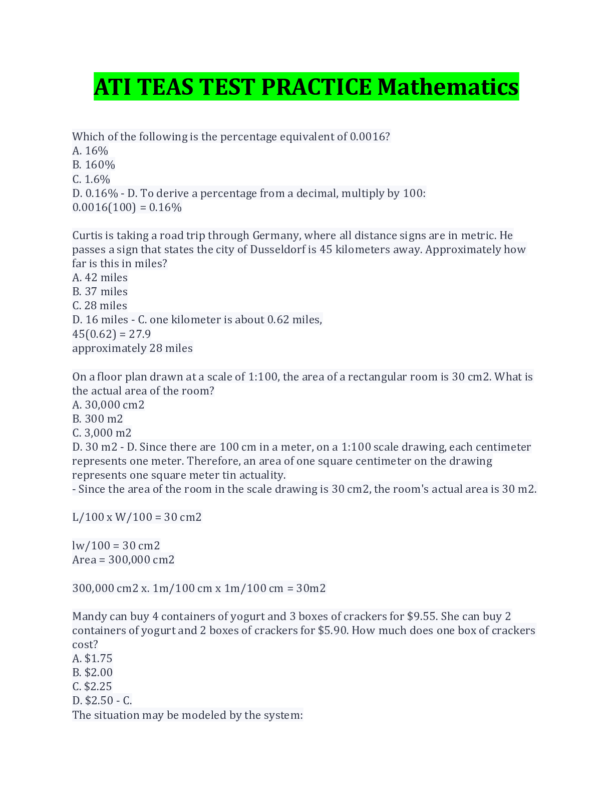 ATI TEAS TEST PRACTICE Mathematics Questions And Answers Latest Update